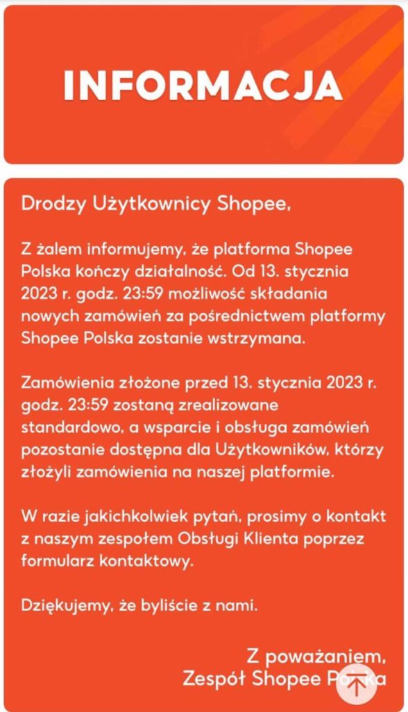 komunikat o zniknięciu Shopee z Polski